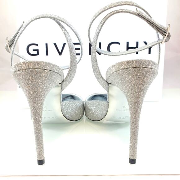 NWT$825 Givenchy Logo Ankle-Strap Silver Glitter Leather Pumps 100 Heels Sz 9 - Picture 10 of 16